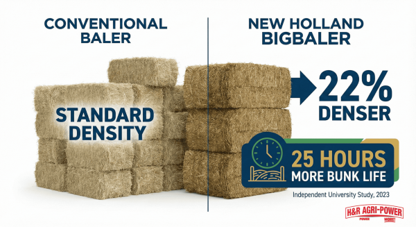 Comparison between standard and New Holland dense hay bales showing density and bunk life advantages.