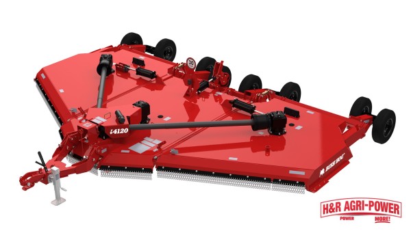 Bush Hog 4120 flex-wing rotary cutter with PTO shafts and chain guards.