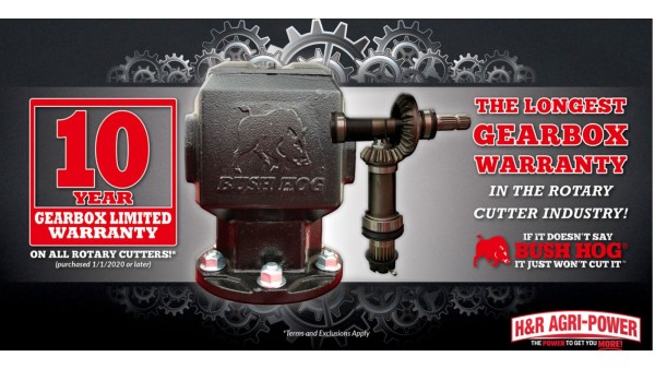 Bush Hog 10-year gearbox limited warranty graphic for rotary cutter gearboxes