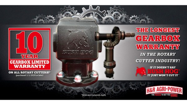 Bush Hog gearbox warranty graphic highlighting long-term rotary cutter support