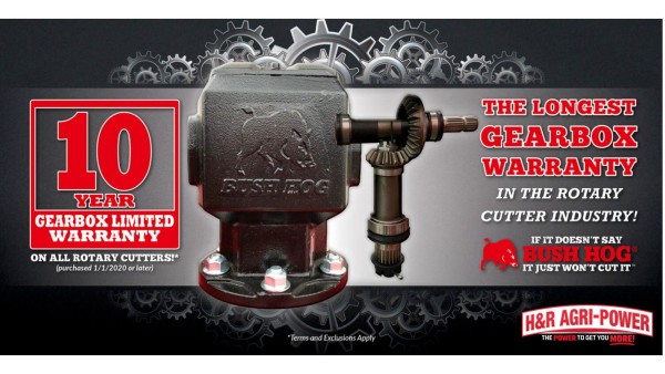Bush Hog 10-year gearbox limited warranty graphic for rotary cutters.