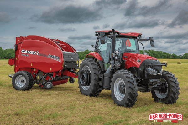 Case IH tractor with round baler demonstrating automated farming processes that reduce labor costs and improve productivity