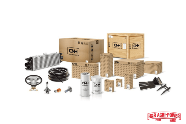 CNH genuine parts packaging and agricultural components displayed together