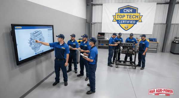 Technicians in training learning to service New Holland equipment using diagnostic tools.