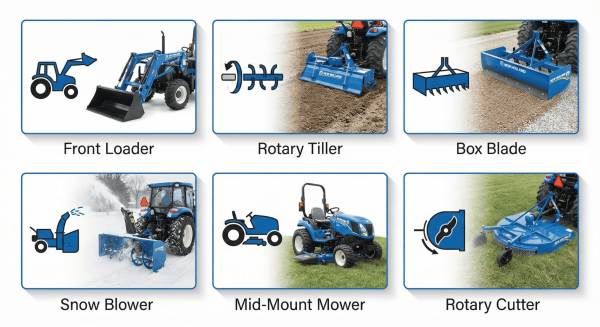 Visual grid of essential compact tractor attachments for small acreage use.