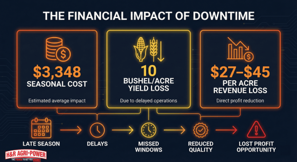 Infographic showing cost of equipment downtime in agriculture, including yield and revenue loss.