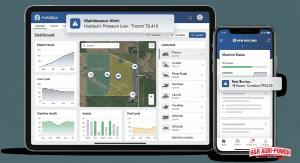 FieldOps dashboard on tablet showing predictive maintenance alerts for New Holland equipment.