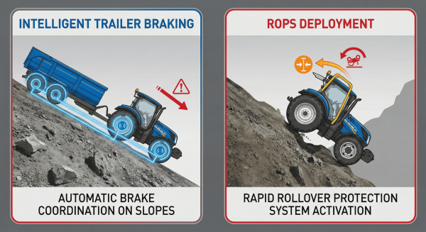 Diagram of trailer braking system and rollover protection on slopes.