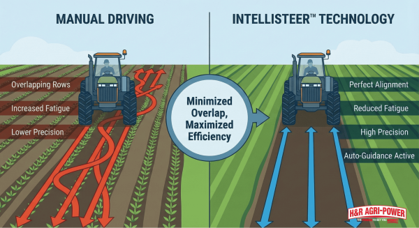 Diagram showing how IntelliSteer™ auto-guidance eliminates field overlaps versus manual driving.