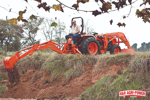 Kubota tractor with backhoe attachment used for efficient farm operations and fuel management