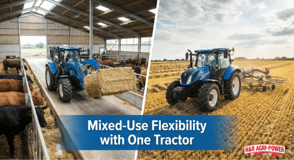 New Holland tractor in dual action: feeding livestock and harvesting hay on a mixed-use farm.