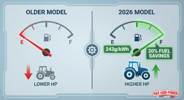 Fuel efficiency comparison chart showing New Holland 2026 models vs previous generations.