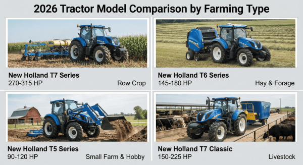 Comparison of 2026 New Holland tractor models by farming application with power specs.