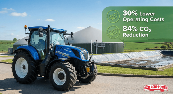 T6.180 Methane Power tractor by biogas plant with eco overlay highlighting sustainability stats.