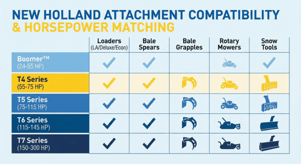 Compatibility chart showing New Holland tractor models matched with their attachments.