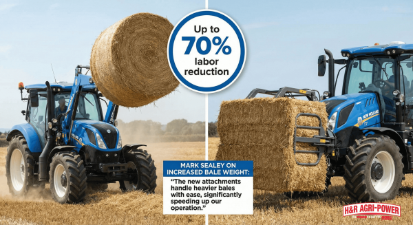 Bale spears and grapples from New Holland moving different bale types in field.