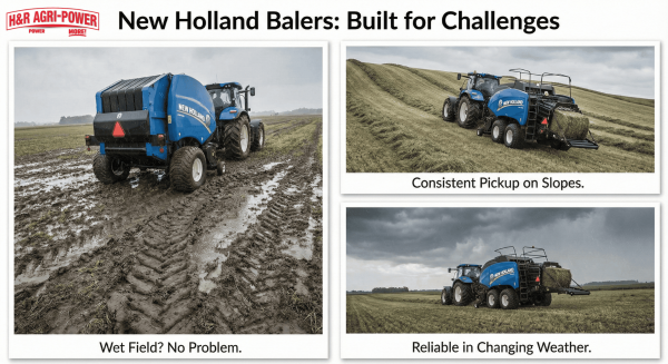 New Holland balers operating in wet, uneven, and weather-affected hay fields.