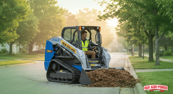 Contractor operating electric New Holland C314X in quiet urban residential area.