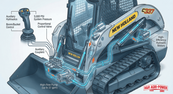 Diagram showing internal hydraulic components and flow rates in New Holland C337 loader.