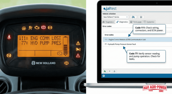 Dashboard error codes alongside Jaltest diagnostic interface with fault code explanations