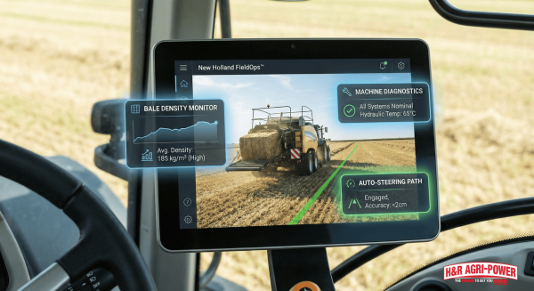 New Holland FieldOps dashboard showing automated baling data and diagnostics.