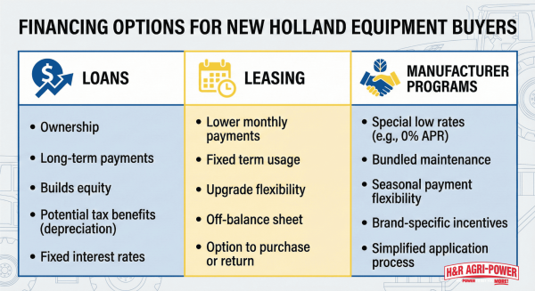 Infographic comparing loan, lease, and manufacturer financing options for New Holland equipment.