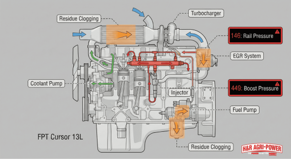 Labeled diagnostic diagram of FPT Cursor 13L engine showing problem areas