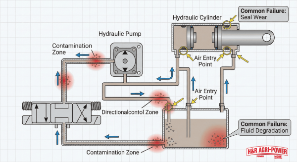 Cross-sectional schematic showing common hydraulic failure points in New Holland equipment