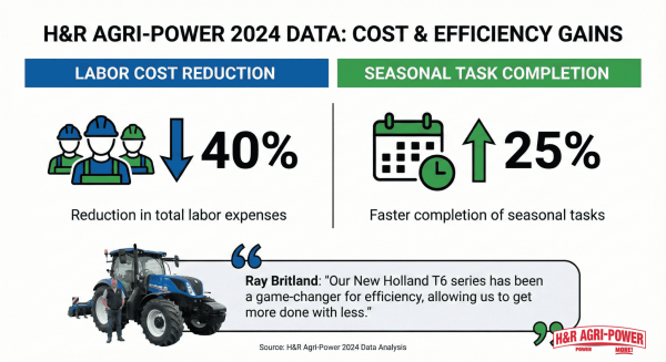 Infographic showing New Holland's labor cost savings and seasonal efficiency improvements.
