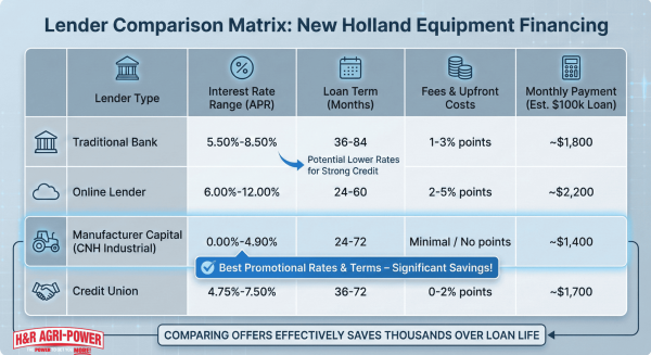 Financing offer comparison matrix for New Holland equipment across lenders.