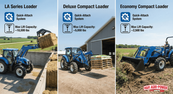 Comparison of New Holland loader attachments in different productivity tasks.