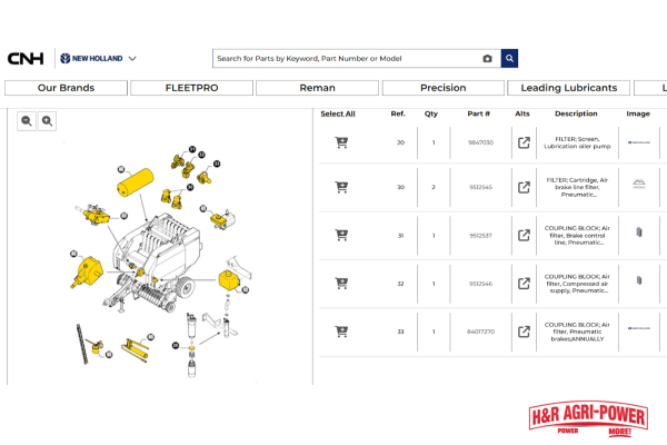 New Holland parts diagram and online catalog interface showing component breakdown