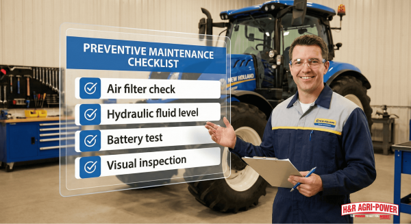 Preventive maintenance checklist overlay on New Holland workshop background