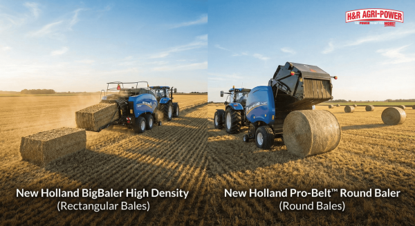 Comparison of New Holland round and square balers in action with bales in field.