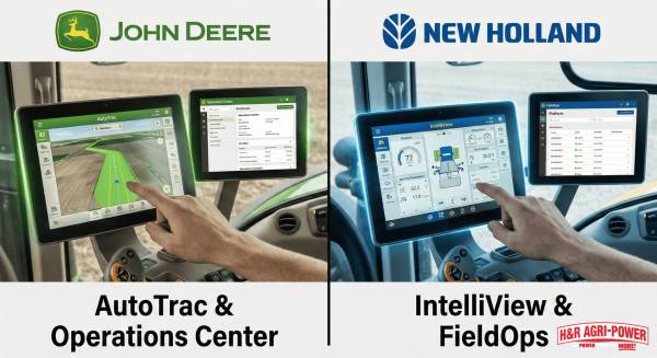 Side-by-side visual of John Deere and New Holland precision farming interfaces.