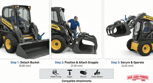 Operator switching New Holland skid steer attachments quickly without tools.