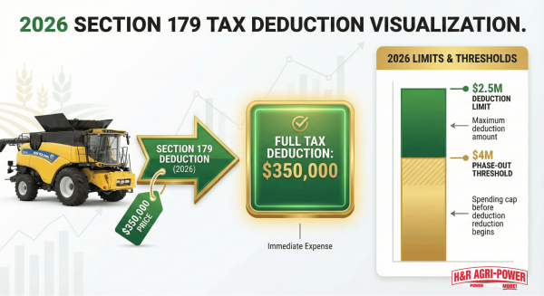 Diagram showing tax savings from Section 179 on a New Holland combine in 2026.