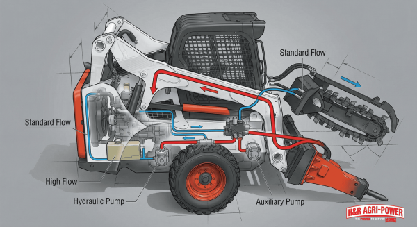 Hydraulic system diagram of a New Holland skid steer showing standard and high-flow paths.
