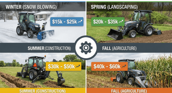 New Holland skid steer working in different seasons showing year-round use and revenue.
