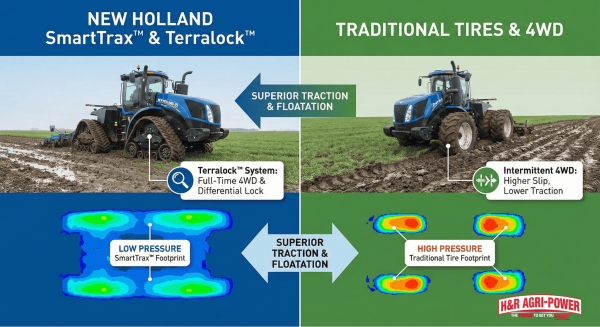 Comparison of SmartTrax™ tracks vs traditional tires with traction metrics.