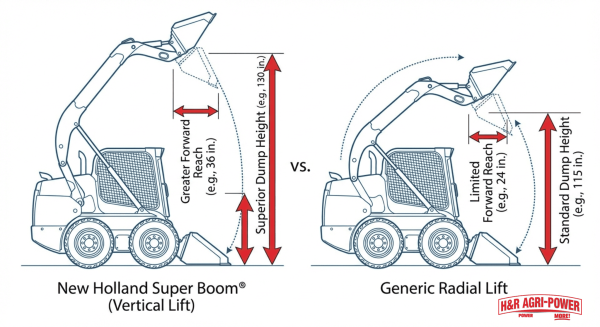 Diagram comparing Super Boom lift height and reach versus radial lift design.