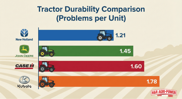 Infographic comparing tractor brand durability, showing New Holland with lowest issues per unit.