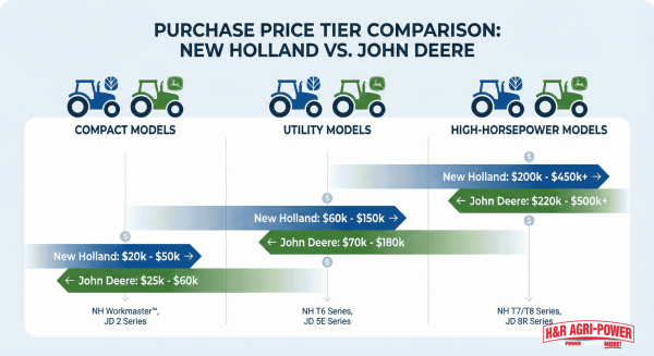 Pricing tier chart comparing tractor model ranges from New Holland and John Deere.