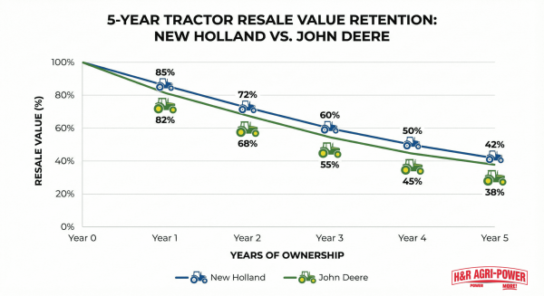 Line graph showing resale value depreciation of John Deere vs New Holland over five years.
