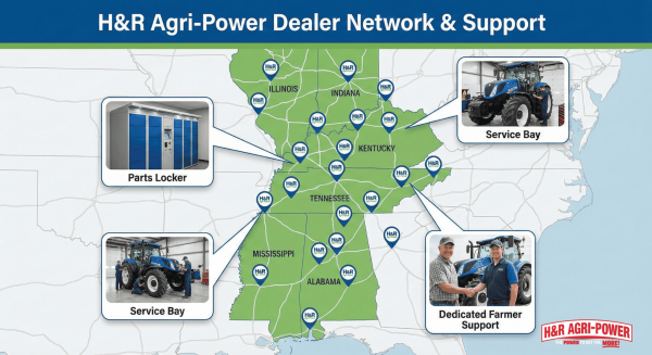 Map of H&R Agri-Power’s 21 dealer locations with icons for parts, service, and customer support.