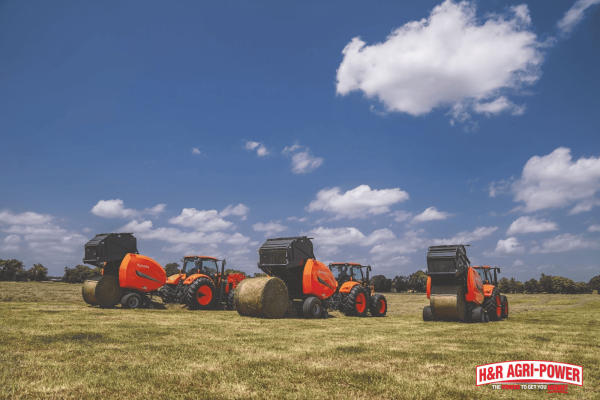 Round balers operating in an Alabama hay field, showcasing reliable hay equipment solutions supported by H&R Agri-Power