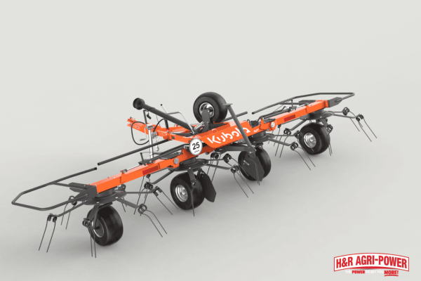 Kubota TE4052T hay tedder showing four-rotor design, Super-C tines, and lightweight frame for efficient hay drying