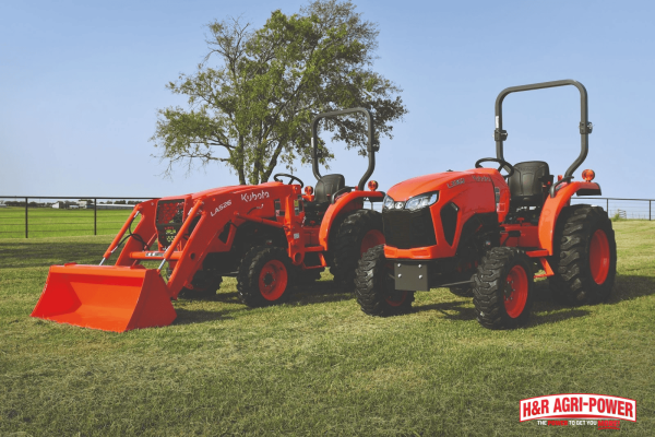Kubota compact tractors with front loader attachments on a Tennessee farm, highlighting versatile equipment investment options for farmers.