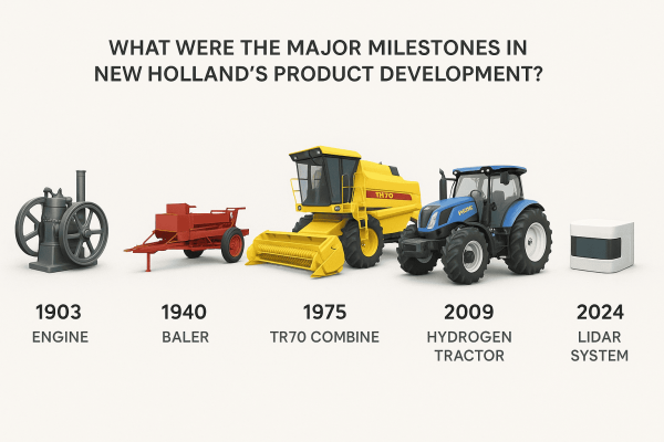 Visual timeline of New Holland's iconic equipment innovations from 1903 to 2024.