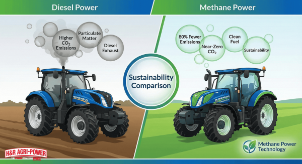 Comparison of diesel and methane-powered New Holland tractors with emissions and cost savings data.
